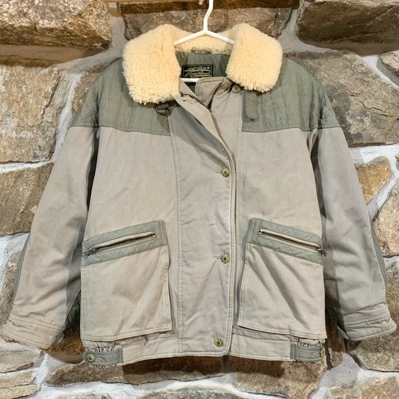 Eddie Bauer Other - Vintage Eddie Bauer Men's Two-Tone Olive Jacket With Real Shearling Collar
